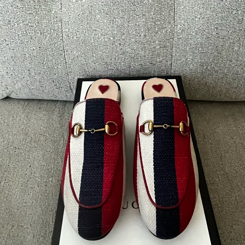 Gucci Red, White, and Blue Mules with Gold Detail
